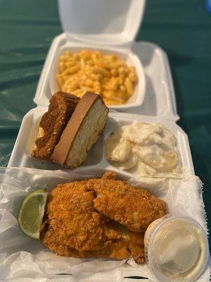 Fry fish with scribble potatoes and Mac- cheese/ slice cake....