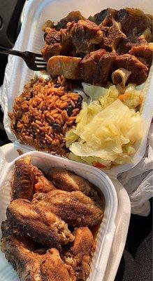 8 Piece Jerk Chicken Wings, Oxtail Dinner, Cabbage, Rice and Beans