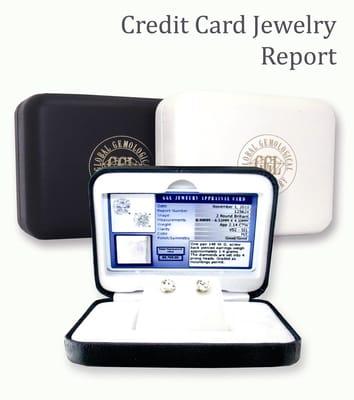 Ideal for jewelry display cases. This hard plastic credit card size report with hologram is set into a White or Black leatherette box.