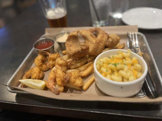 Fried Catfish and Shrimp & Catfish Platter with Mac and cheese and fries