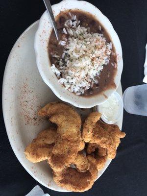 Catfish dinner with red beans and rice.