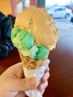 Two Scoops: Egg Nog & Pistachio w/ Waffle Cone