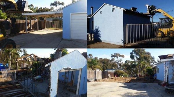 A garage with a roof attached to the main house. Garage and its foundation torn down with zero collateral damage to home.