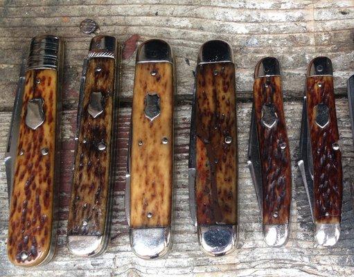 Vast selection of antique pocket knives. (pictured 1920-1940 Remingtons)