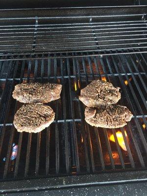 Venison filets cut and tenderized at Kubys on the grill!