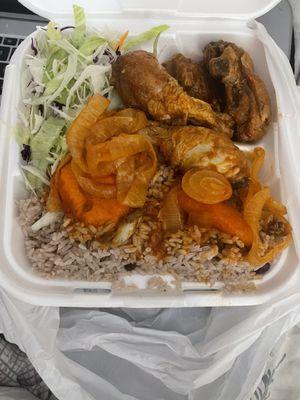 Large country fry 3 pieces of chicken rice and peas salad  $13 Large