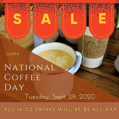 Come celebrate National Coffee Day with is, Tuesday, September 29th, 2020!