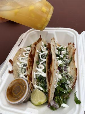 3 tacos for $10 - chicken, steak, beef ... and peach mango lemonade!!!!