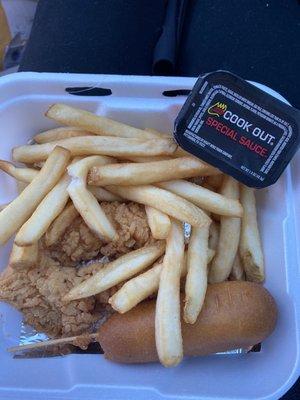 Chicken tenders meal with a side corn dog and fries. $5.00