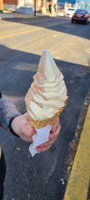 Twist soft serve in a waffle cone