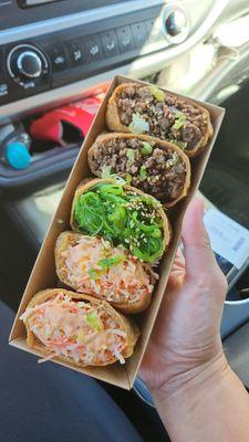 Fried tofu stuff with crab meat, ground beef bulgogi and seaweed salad