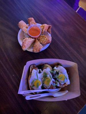 Mac and cheese egg rolls and the Potato skins with quail egg