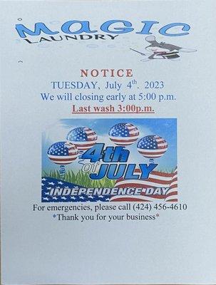 Magic Laundry
 July 4th. Hours