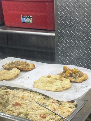 Regular Doubles (left), Shrimp Doubles (right), Saltfish (front)