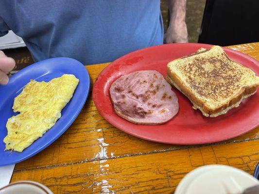 French toast, ham and eggs