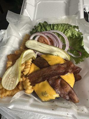 lodge burger bacon tomatoes, onion, pices, lettuce cheeeeeese and fries :)