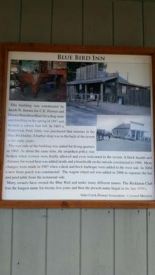 Here is the posted history of the Bluebird Inn.