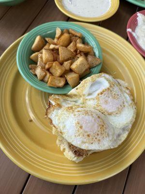 Freebird Benedict with chicken sausage crazy on side