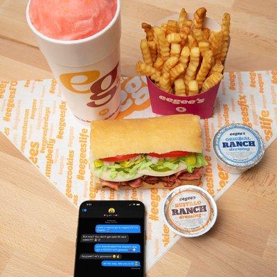 Original grinder, fries and an eegee with our delicious ranch sauces.