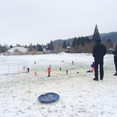 All the neighborhood comes out to sled the hill at Clinton Park on a snow day