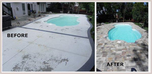 Pool Deck Renovation. Installed Pavers over existing concrete.