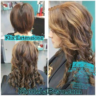 Klix extensions were added to help the grow out phase- schedule your complimentary consultation at NicoleLaBeau.Setmore.com 
 #klix #labeau