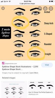 Give me right straight eyebrow and the left eyebrow is a high steep arch . My eyebrows are arch style.