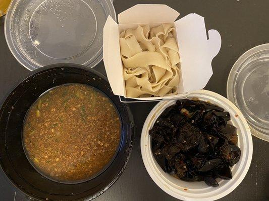 Wood ear mushroom (super spicy) Zhajiang with wide noodles (weird texture noodles)