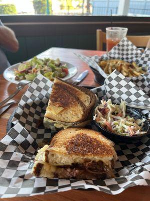 Patty melt, beet salad and garlic fries