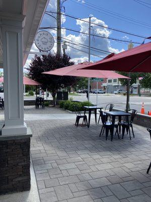 Exterior seating with umbrellas