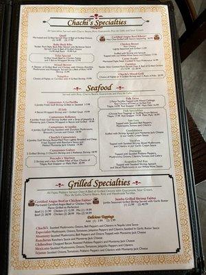 Specialties menu