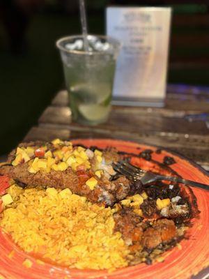 Fried Fish Dinner w/ mango salsa, cilantro lime rice + black beans