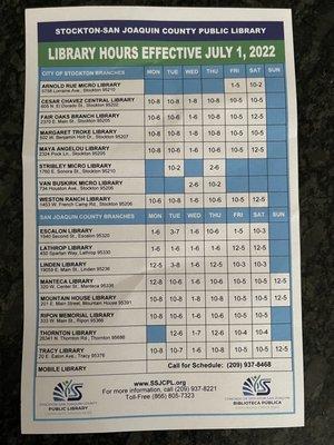 Library hours as of July 1, 2022