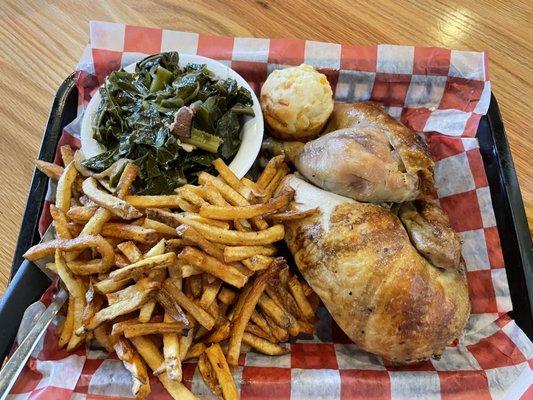 Half rotisserie chicken + fries + turnip greens