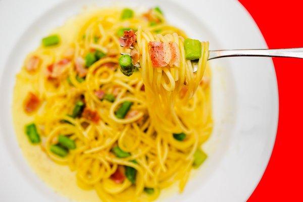 Weekly Special: Spaghetti with carbonara sauce and diced asparagus