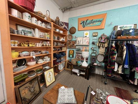 Vintage Pyrex, ceramics, artwork, and eclectic clothing