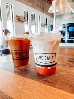 Bananas Foster Iced Latte, Strawberry Horchata