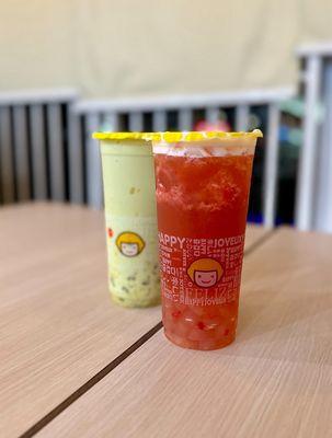 Strawberry Green tea (front) & mango matcha smoothie (back)