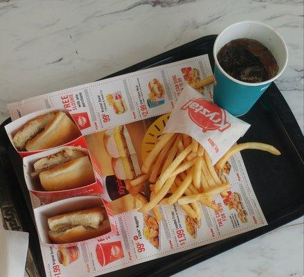 Three Krystals, fries, and a Coke. My $3.00 lunch!