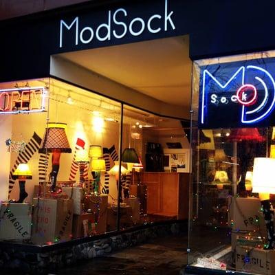 ModSock sock store in Bellingham, WA, all decked out for the holidays with leg lamps galore!