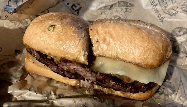 Burger Dip Sandwich with sautéed mushrooms and Swiss.