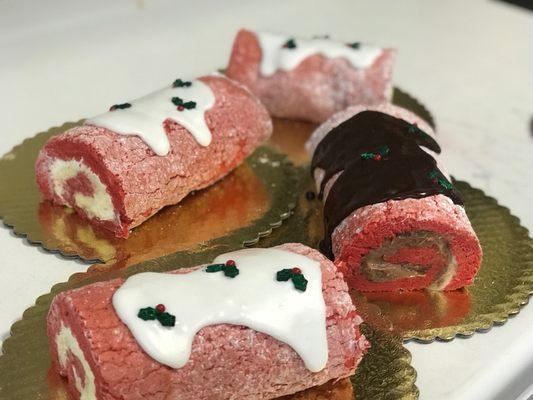 Red Velvet Cake rolls with vanilla or chocolate whip cream filling.