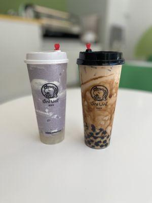 Taro Smoothie with Leechi jelly and a original brown sugar boba (there's a different name they call it but it's essentially the same thing)