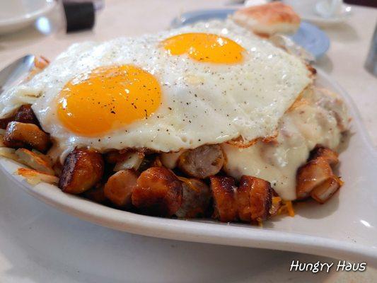 Country Skillet with a biscuit. Large portion.