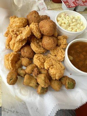 Shrimp plate with Mac salad, bbq beans and fried okra