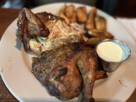 Rotisserie chicken with Yuca and plantains.