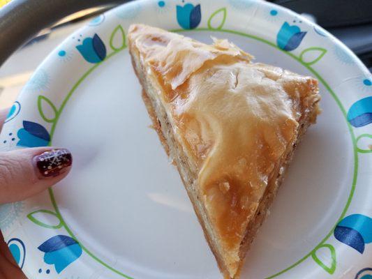 Baklava - Layers of thin phyllo pastry with nuts, sugar and spices between, moistened with flavored syrup.