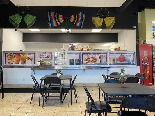 Seating area and the juice bar.