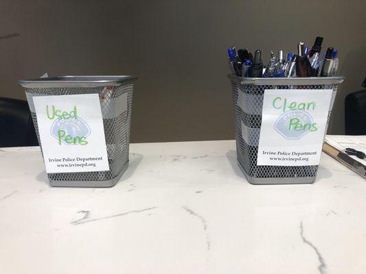 Clean- used pens. Used ones are being wiped thoroughly with disinfectant wipes !