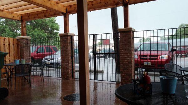 Sitting in the new beer garden on a rainy day.